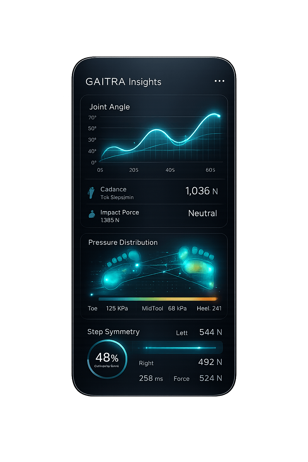 GAITRA analytics dashboard showing stride metrics and symmetry