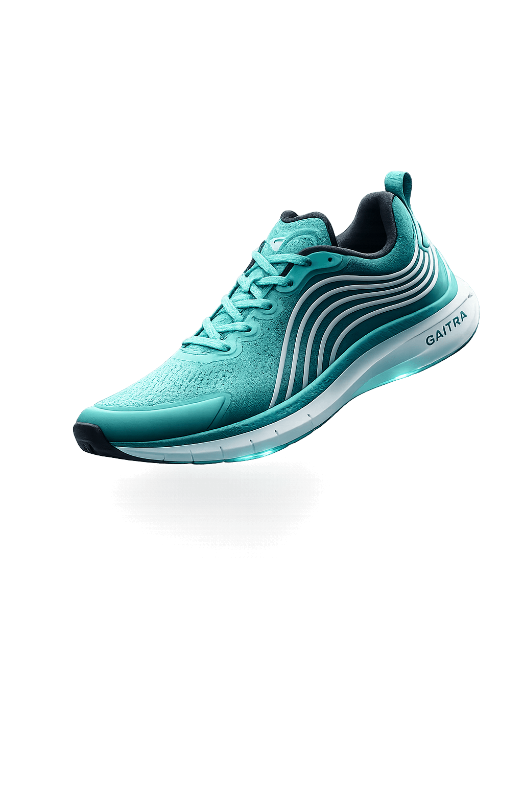 Design 1 — Aqua colourway with layered midsole channels.